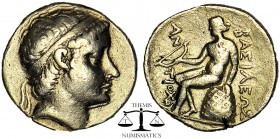 SELEUCID KINGDOM. Antiochus II Theos (261-246 BC). AR drachm. Diademed head of Antiochus I right, with rejuvenated features. Apollo seated left on omp...