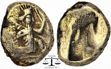 Kings of Persia (Achaemenids). AR Siglos. c. 450-400 BC. Obv. The Great King, bearded, in "Knielauf" to right, holding bow and spear. Rev. Irregular i...