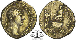 Hadrian AD 117-138. Rome Denarius AR Obv: MP CAESAR TRAIAN HADRIANVS AVG. aureate head right. Rev: P M TR P COS III. Hadrian seated left on platform, ...