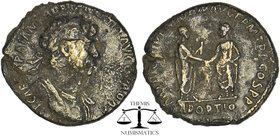 Hadrian. AD 117-138. AR Denarius. Rome mint. Struck AD 117. Laureate, draped, and cuirassed bust right / Trajan and Hadrian standing vis-à-vis, claspi...