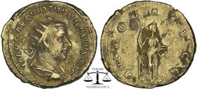 Trebonianus Gallus. AD 251-253. AR Antoninianus Radiate, draped, and cuirassed bust right / Annona standing facing, head right, with foot on prow, hol...