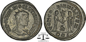 Diocletian. AD 284-305. Antoninianus. Antioch mint, 4th officina. Struck AD 285. Radiate, draped and cuirassed bust right / Diocletian standing right,...