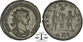 Numerian AD 283-284. Antiochia. Antoninian Æ. IMP C M AVR NVMERIANVS P F AVG, radiate, draped and cuirassed bust right / VIRTVS AV-GG, Prince standing...