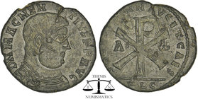 MAGNENTIUS (350-353). Ae. Treveri. Obv: D N MAGNENTIVS P F AVG. Bareheaded, draped and cuirassed bust right. Rev: SALVS DD NN AVG ET CAES / TRS. Large...
