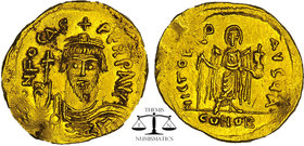 FOCAS (602-610). AV-Solidus, Constantinople. c. 607-609. Obv.: dN FOCAS PERP AV
Crowned facing bust, holding globus cruciger. Rev.: VICTORIA AVGU E / ...