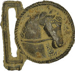 A bronze belt buckle. Age, circa BC 2 to 1 AD centuries. Bronze head of an horse turning back. Condition: See picture. acquired from a private collect...