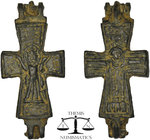 Bronze enkolpion. Byzantine. Reliquary cross with suspension loop. Christ on Cross. Condition: See picture. H 53 mm. 25,55 g.