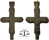 Bronze enkolpion. Byzantine. Reliquary cross with suspension loop. Christ on Cross. Condition: See picture. H: 57 mm. 25,77 g