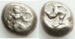 PAMPHYLIA. Aspendus. Ca. mid-5th century BC. AR stater (18mm, 10.74 gm). Fine. Helmeted nude hoplite advancing right, spear forward in right hand, shi...