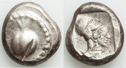 PAMPHYLIA. Side. Ca. 5th century BC. AR stater (18mm, 11.03 gm, 1h). VF, test cut. Ca. 430-400 BC. Pomegranate, guilloche beaded border / Head of Athe...