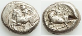 CILICIA. Celenderis. Ca. 425-350 BC. AR stater (20mm, 10.75 gm, 6h). VF, test cut. Ca. 425-400 BC. Youthful nude male rider, reins in right hand, kent...