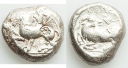 CILICIA. Celenderis. Ca. 425-400 BC. AR stater (20mm, 10.65 gm, 9h). Choice Fine, countermark. Youthful nude male rider, reins in right hand, kentron ...