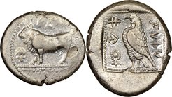CYPRUS. Paphos. Stasandros (ca. 425-400 BC). AR stater (25mm, 11.07 gm, 3h). NGC AU 3/5 - 4/5. Bull standing left on beaded double line; winged solar ...