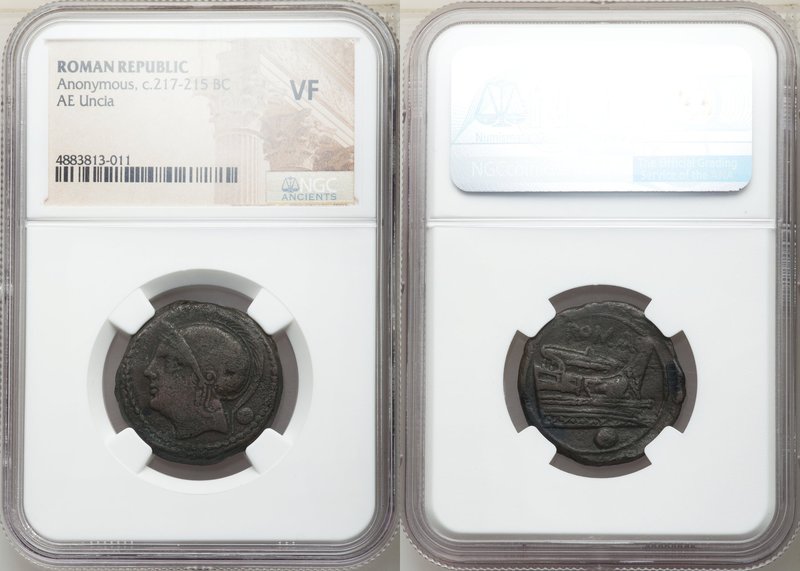 Anonymous. Ca. 217-215 BC. AE uncia (25mm, 12h). NGC VF. Semilibral prow series....