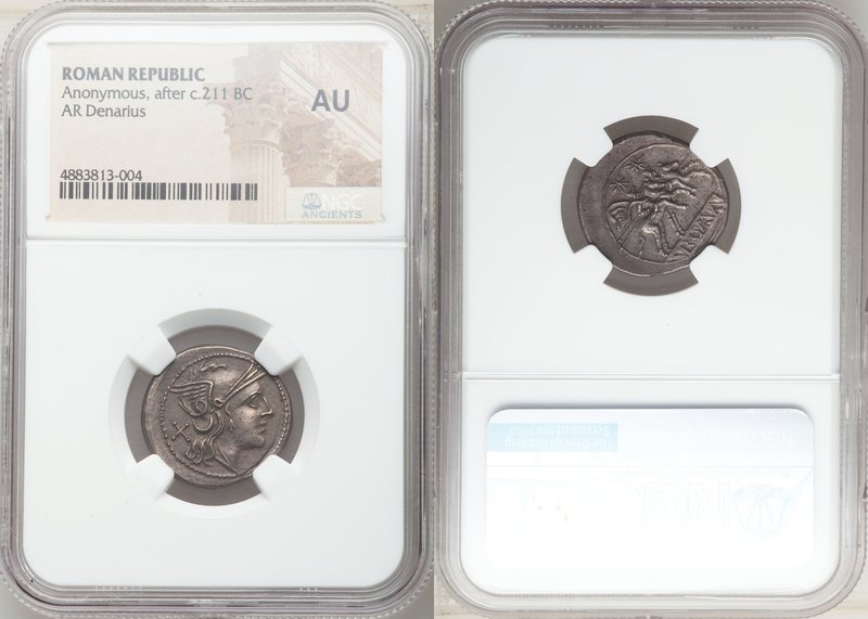 Anonymous. After ca. 211 BC. AR denarius (21mm, 4h). NGC AU. Rome. Head of Roma ...