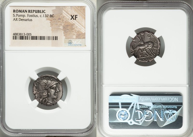 Sextus Pomponius Fostlus (ca. 137 BC). AR denarius (19mm, 6h). NGC XF. Rome. Hea...