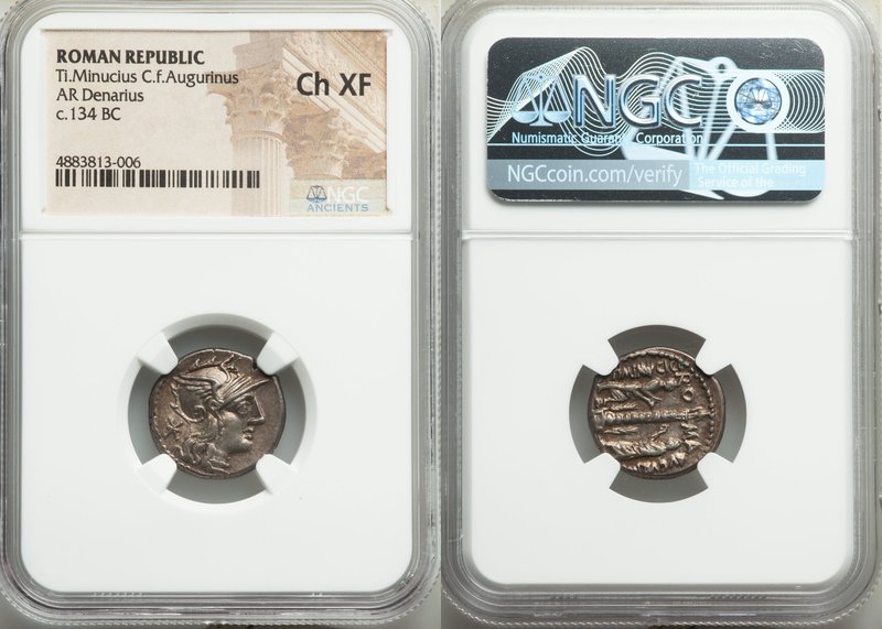 Ti. Minucius C.f. Augurinus (ca. 134 BC). AR denarius (18mm, 3h). NGC Choice XF....