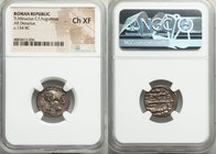 Ti. Minucius C.f. Augurinus (ca. 134 BC). AR denarius (18mm, 3h). NGC Choice XF. Rome. Head of Roma right, wearing winged helmet decorated with griffi...