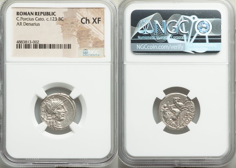 C. Porcius Cato (ca. 123 BC). AR denarius (19mm, 3.91 gm, 10h). NGC Choice XF. R...