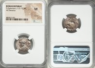 Ti. Quinctius (ca. 112-111 BC). AR denarius (19mm, 7h). NGC VF, marks. Rome. Laureate bust of Hercules left, draped with lion skin, club in right hand...