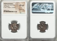 L. Calpurnius Piso Caesoninus and Q. Servilius Caepio (ca. 100 BC). AR denarius (19mm, 10h). NGC Choice VF, adjusted flan. Rome. PISO•CAEPIO•Q, laurea...