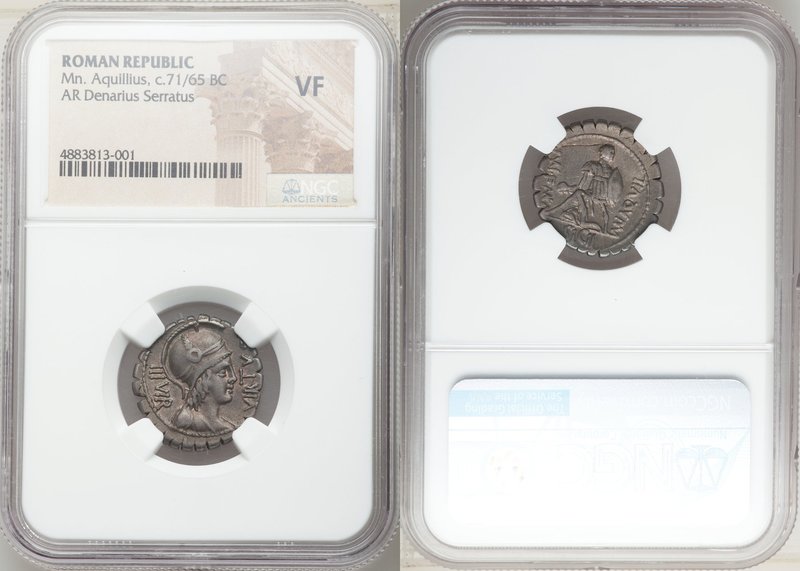 Mn. Aquillius m.f. (ca. 71/65 BC). AR denarius serratus (20mm, 7h). NGC VF. Rome...