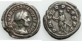 Gordian I Africanus (March-April AD 238) AR/AE imitative denarius (19mm, 2.23 gm, 1h). VF, corrosion. Imitating Rome. IMP M ANT GORDIANVS AFR AVG, lau...