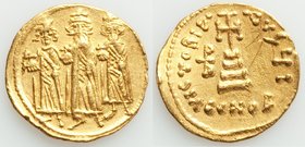 Heraclius (AD 610-641), with Heraclius Constantine and Heraclonas. AV solidus (20mm, 4.44 gm, 7h). About XF, graffito. Constantinople, 10th officina, ...