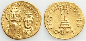 Constans II Pogonatus (AD 641-668) and Constantine IV. AV solidus (20mm, 4.48 gm, 7h). AU. Constantinople, 2nd officina. ca. AD 654-668. Ծ N CONSTANTI...