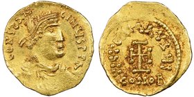 Constantine IV Pogonatus (AD 668-685). AV tremissis (15mm, 7h). NGC Choice AU, wavy fan. Constantinople. δ N CONSTAN-TINЧS PP AV, pearl-diademed, drap...