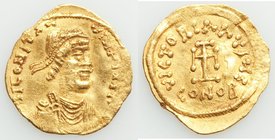 Constantine IV Pogonatus (AD 668-685). AV tremissis (17mm, 1.33 gm, 6h). About XF, wavy flan. Constantinople. δ N CONSTAN-TINЧS PP AV, pearl-diademed,...