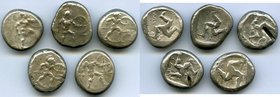 ANCIENT LOTS. Greek. Pamphylia. Aspendus. Ca. mid-5th century BC. Lot of five (5) AR staters. Fine, test cuts. Includes: Hoplite and triskeles. Five (...