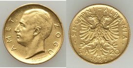 Zog I gold 20 Franga Ari 1927-R AU, Rome mint, KM10, Fr-2. Mintage 6,000. 21mm. 6.45gm. AGW 0.1867 oz.

HID09801242017