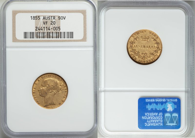 Victoria gold Sovereign 1855-SYDNEY VF20 NGC, Sydney mint, KM2. Two year type.

...
