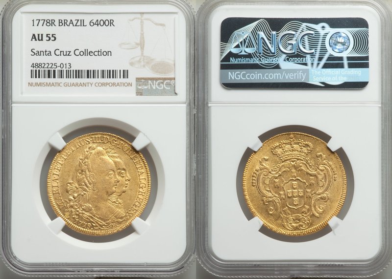 Maria I & Pedro III gold 6400 Reis 1778-R AU55 NGC, Rio de Janeiro mint, KM199.2...