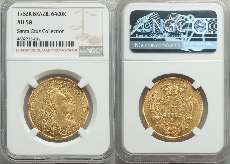 Maria I & Pedro III gold 6400 Reis 1782-R AU58 NGC, Rio de Janeiro mint, KM199.2...