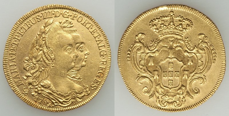 Maria I & Pedro III gold 6400 Reis 1782-R XF (mount removed), Rio de Janeiro min...