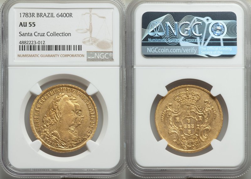 Maria I & Pedro III gold 6400 Reis 1783-R AU55 NGC, Rio de Janeiro mint, KM199.2...