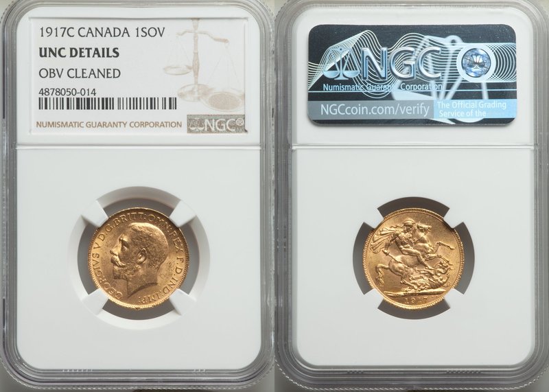 George V gold Sovereign 1917-C UNC Details (Cleaned) NGC, Ottawa mint, KM20. AGW...