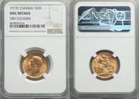 George V gold Sovereign 1917-C UNC Details (Cleaned) NGC, Ottawa mint, KM20. AGW 0.2355 oz. 

HID09801242017
