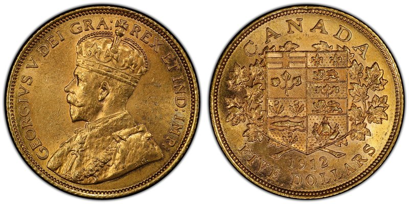 George V gold 5 Dollars 1912 MS62 PCGS, Ottawa mint, KM26. AGW 0.2419 oz.

HID09...