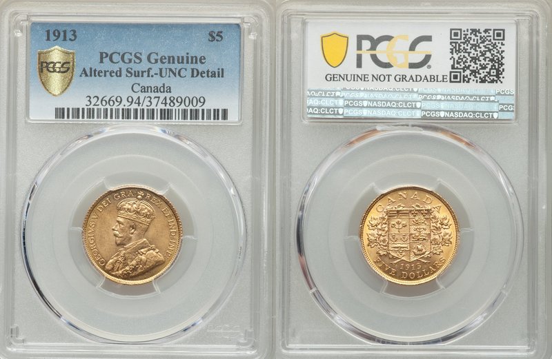 George V gold 5 Dollars 1913 UNC Details (Altered Surfaces) PCGS, Ottawa mint, K...