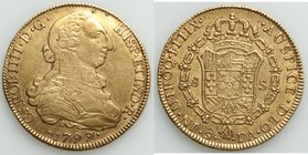 Charles IV gold 8 Escudos 1799 So-DA XF (scratch), Santiago mint, KM54. 37.1mm. 26.97gm. AGW 0.7615 oz. 

HID09801242017