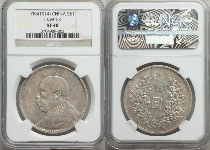 Republic. Yuan Shih-Kai Dollar Year 3 (1914) XF40 NGC, KM-Y329, L&M-63. 

HID098...