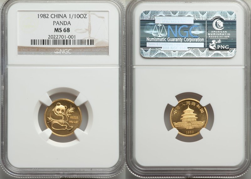 People's Republic gold Panda 1/10 Ounce Medal 1982 MS68 NGC, KMX-MB8, PAN-5A. An...