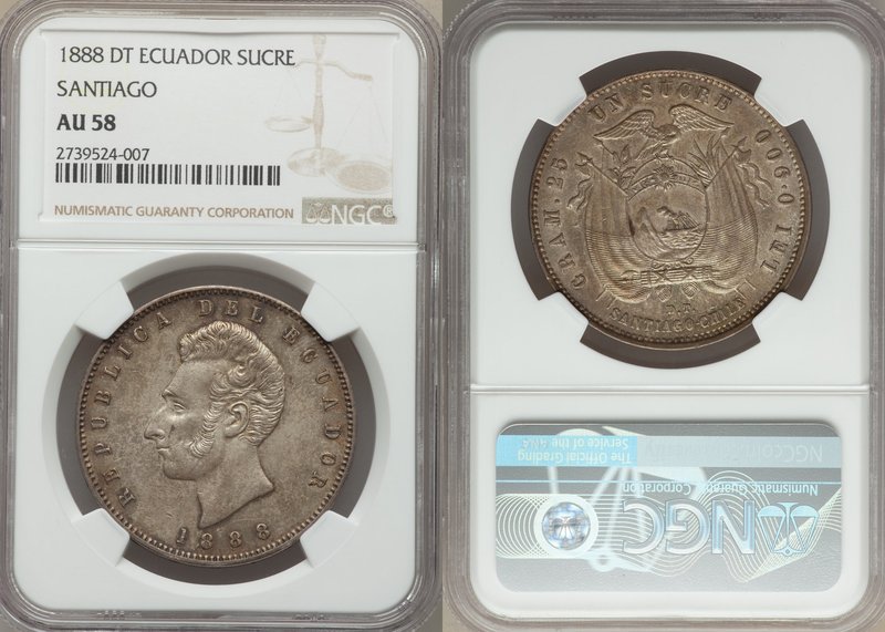 Republic Sucre 1888 SANTIAGO-DT AU58 NGC, Santiago mint, KM53.2. Nice olive-gold...