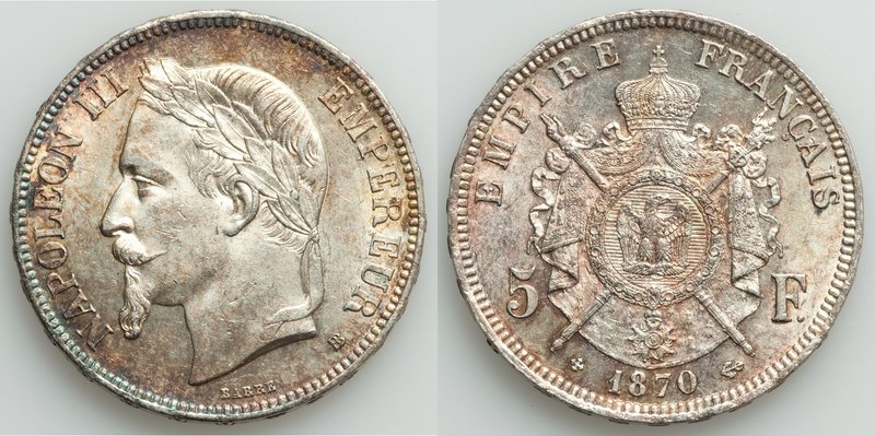 Napoleon III 5 Francs 1870-BB AU, Strasbourg mint, KM799.2. 37.2mm. 25.02gm. Lus...
