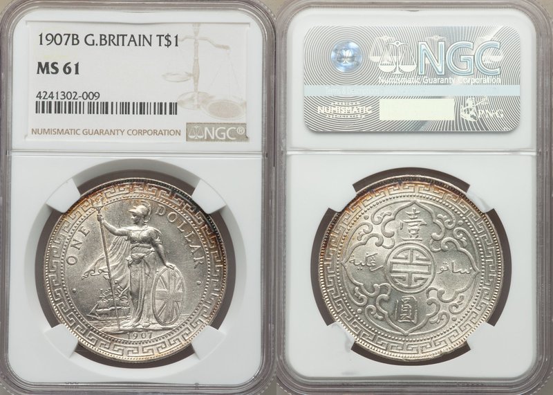 Edward VII Trade Dollar 1907-B MS61 NGC, Bombay mint, KM-T5. Full mint bloom wit...