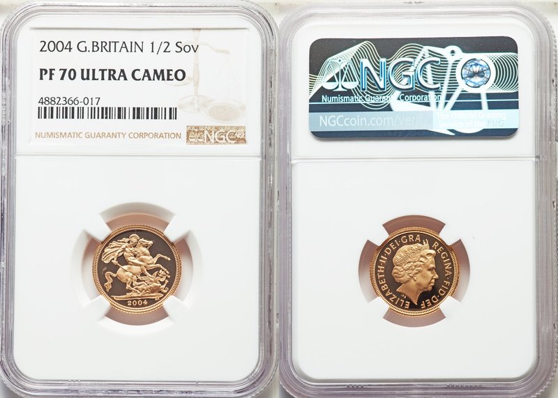 Elizabeth II gold Proof 1/2 Sovereign 2004 PR70 Ultra Cameo NGC, KM1001. AGW 0.1...