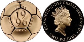 Elizabeth II gold Proof 2 Pounds 1996 PR68 Ultra Cameo NGC, KM973b. Mintage: 2,098. Issued for the 10th European football (soccer) championship. 

HID...